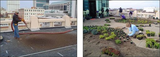 Professionals installing "Engineered" soil, pavers and plants on top of J•DRAIN GRS